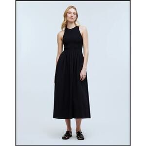 Madewell Black The Melody Smocked Midi Dress 100% Cotton Pockets Medium